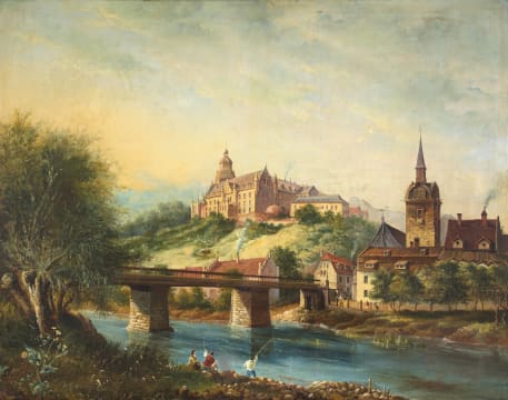 Otto Landsberg; Prussian Landscape with Castle and Fisherman