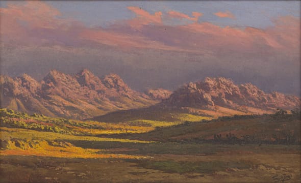 Tinus de Jongh; Dusk Landscape with Mountains