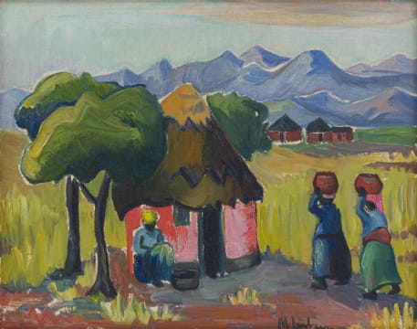 Maggie Laubser; Huts and Trees with Figures in a Landscape