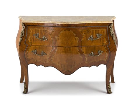 A Louis XV style kingwood, inlaid and marble-topped commode