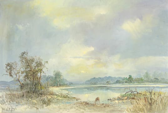 Gabriel de Jongh; Watering Hole with Lone Antelope