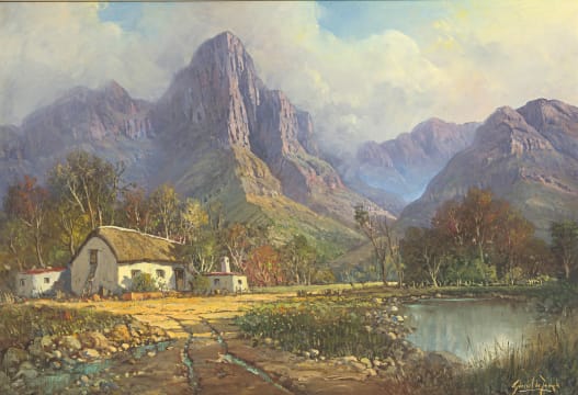 Gabriel de Jongh; Cottage with Mountains Beyond