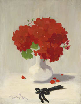 James Stuart Park; Still Life with Red Geraniums and a Black Fan