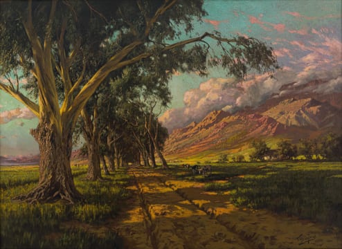 Tinus de Jongh; Landscape with Blue Gums and Mountain