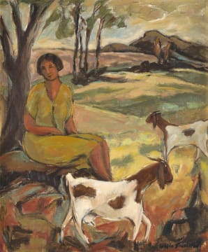 Marena (Kaffie) Pretorius; Woman and Goats in Landscape