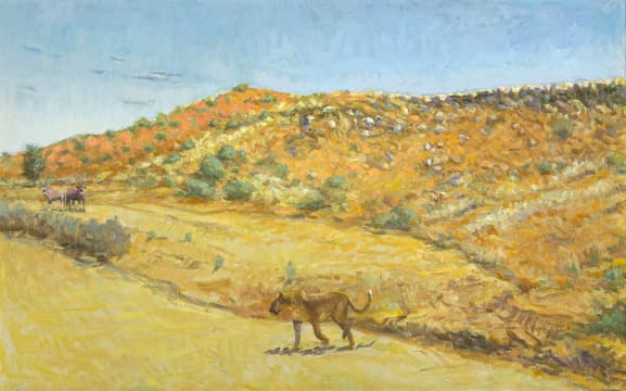 Zakkie Eloff; Lioness and Gemsbok in the Kalahari