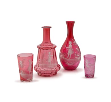A Mary Gregory style cranberry and white enamel glass decanter, 19th century