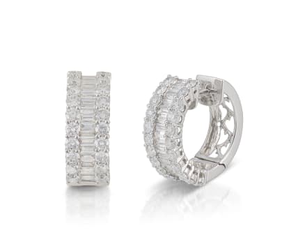 18k white gold baguette and round diamond huggie hoop earrings