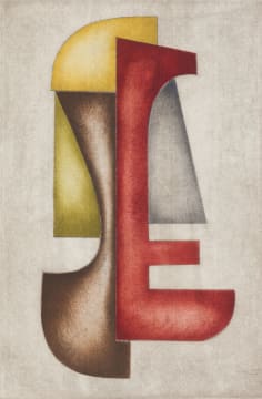 Hannes Harrs; Abstract with Red, Grey and Yellow Forms
