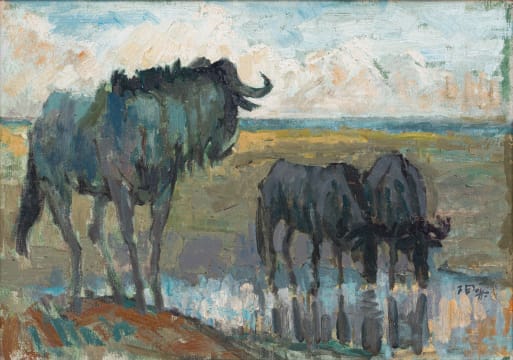 Zakkie Eloff; Three Wildebeest at a Watering Hole