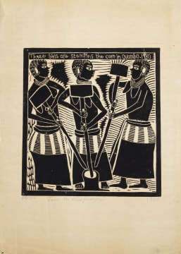 John Muafangejo; Three Girls are Stamping the Corn in Ovambo