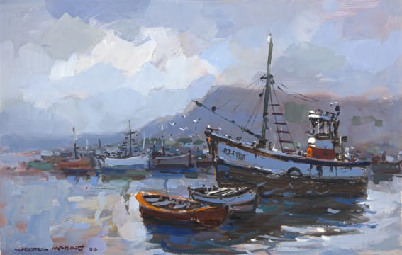 Wessel Marais; Boats in a Harbour