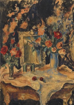 Maud Sumner; Stillewe met Blomme, Spieël en Horlosie (Still Life with Flowers, Mirror and Clock)