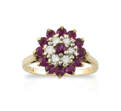 9k yellow gold ruby and diamond cluster ring