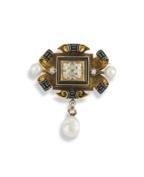 Yellow gold, diamond, pearl and enamel brooch