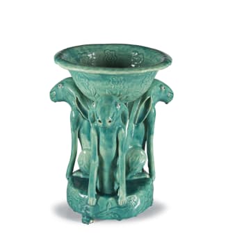 Nico Masemola; Green-glazed Bowl with Three Seated Hares Stand
