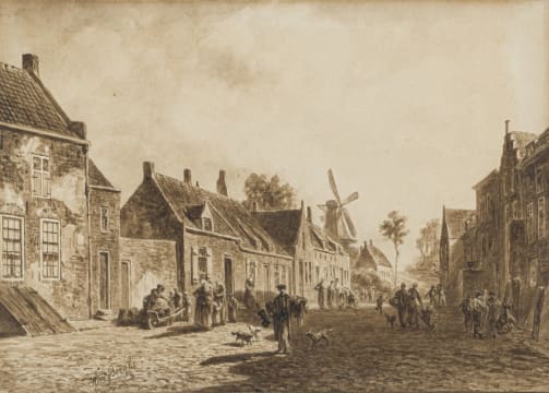 Willem Jan van den Berghe; A Busy Dutch Street Scene
