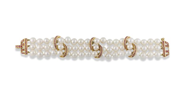 18k yellow gold ruby and pearl bracelet