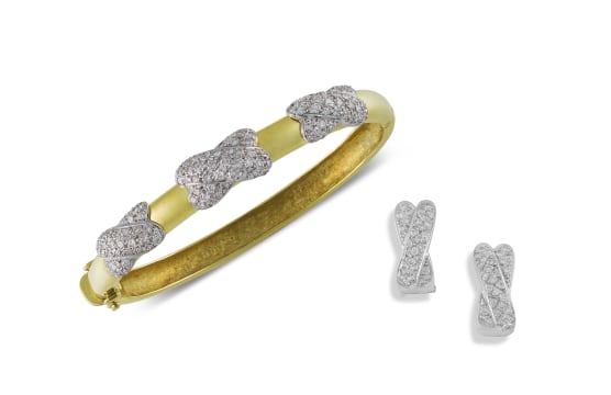 18k two-tone gold bangle and a pair of earrings