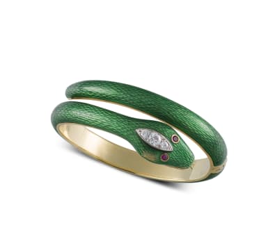 18k yellow gold and green enamel snake bangle, circa 1989
