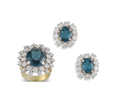 18k London blue topaz and diamond ring and earring set | Strauss & Co