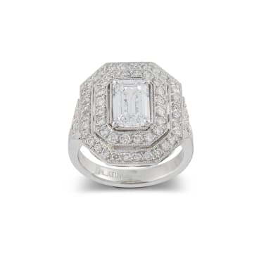 Tiered emerald-cut diamond and platinum ring