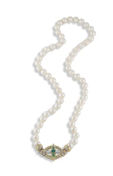 Emerald and diamond clasp pearl strand