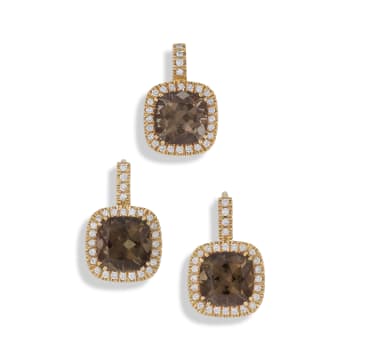 18k yellow gold smokey quartz pendant and earrings