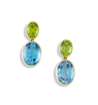 Pair of 9k yellow gold, peridot and Swiss blue topaz earrings, Elegance