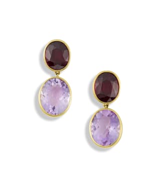 Pair of 16k yellow gold, amethyst and garnet earrings