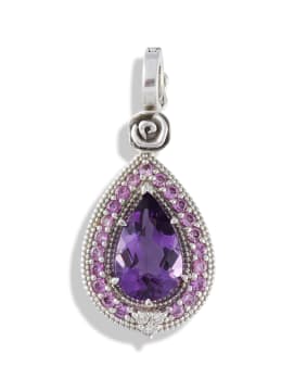 9k white gold, pink sapphire, amethyst and diamond pendant