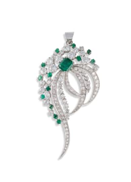 18k white gold diamond and emerald brooch