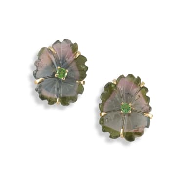 Pair of 18k yellow gold tourmaline flower earrings, Taz Watson