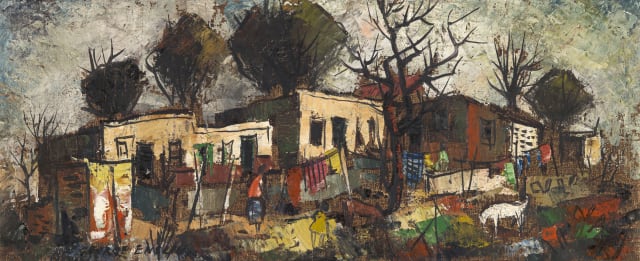George Enslin; Township Scene with Figures and Dog
