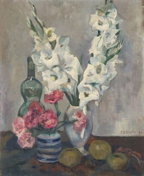 Florence Zerffi; Still Life with Apples, Gladioli and Roses