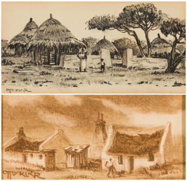 Otto Klar; Landscape with Figure and Huts; Figure Beside a Cottage, two