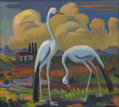 Maggie Laubser; Birds in a Landscape with Houses and Trees
