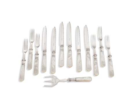A cased set of twelve silver-plate fruit forks and knives, late 19th/early 20th century