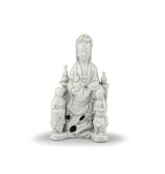A Chinese 'blanc de chine' figure of seated Guanyin flanked by Bodhisattva, Ming Dynasty, late 16th/early 17th century
