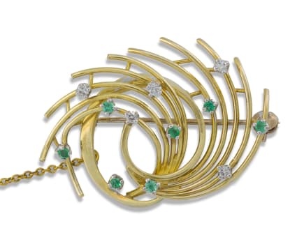 18k yellow gold emerald and diamond brooch