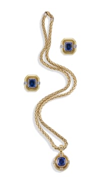 18k yellow gold tanzanite and diamond pendant and a pair of earrings, en suite, Charles Greig
