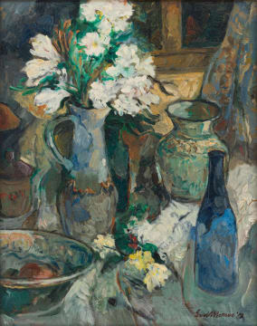 Eben van der Merwe; Still Life with Flowers in a Jug