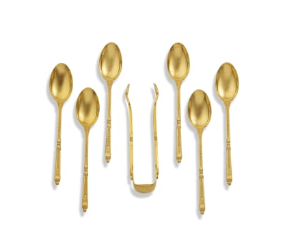 A cased set of French silver-gilt sugar tongs and six espresso spoons, early 20th century