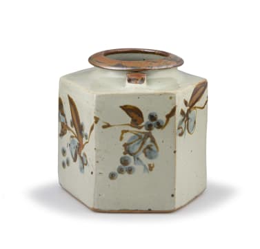 Tim Morris; Hexagonal glazed stoneware vase with a brown and blue floral motif