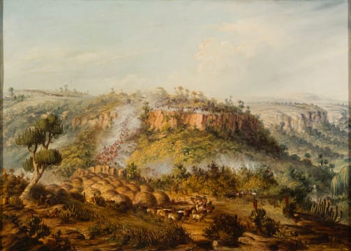 Thomas Baines; Attack on Stock’s Kraal in the Fish River Bush 1852