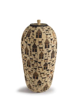 Angeline Masuku; A large Zulu ilala palm and ukhasi grass fibre basket and cover