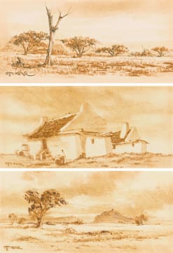 Otto Klar; Bushveld Landscape, Cottages, Landscape with Tree, three
