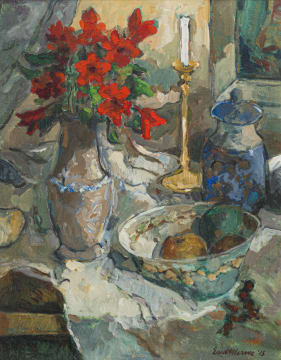 Eben van der Merwe; Still Life with Vase of Red Flowers, Bowl of Fruit and Candlestick