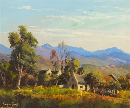Tinus de Jongh; Cottages with Distant Mountains