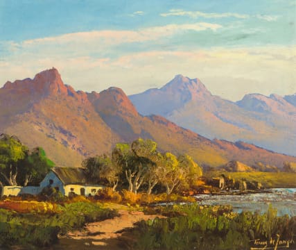 Tinus de Jongh; Cottage beside a River with Mountains Beyond